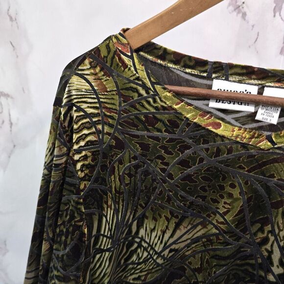 Chicos Shirt Womens XL 3 Green Velvet Burnout Plant Animal Print Blouse Vintage - Picture 2 of 10